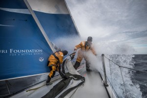 Leg 9, from Newport to Cardiff, day 04 on board Turn the Tide on Plastic. Liz Wardley and Lucass Chapman under water at the bow during a peeling j1 to j2