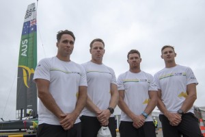 The Australia SailGP Team F50 touching Sydney Harbour for the first time.