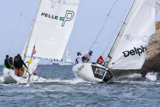 USA’s Chris Poole/ Riptide Racing and Switzerland’s Eric Monnin/ Capvis Swiss Match Racing Team in a close duel against the Marstrand rocks. Photo:WMRT