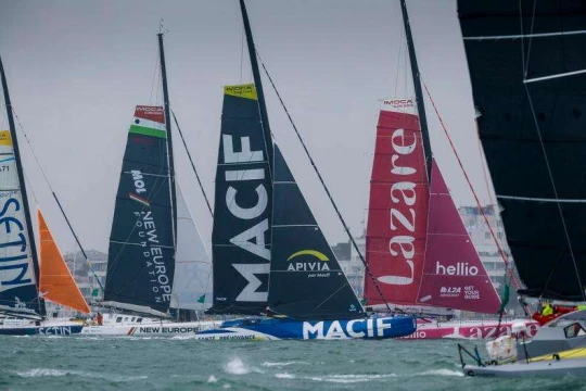 IMOCA fleet including monohull record holder MACIF at the 2023 Rolex Fastnet Race start 2023 © Paul Wyeth