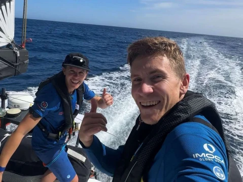 Clapcich and Harris deploy Météo France weather buoy during Transat Café L’OR transatlantic sailboat race