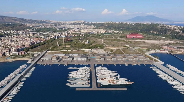 Render dell'aerea di Bagnoli come apparirà dopo i lavori, in primo piano il porto turistico.