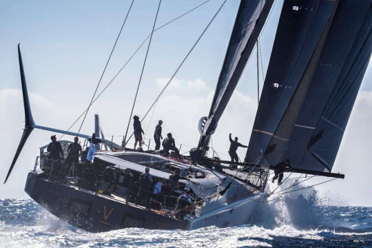 Baltic 111 Raven powers into Antigua, setting a new monohull race record and winning the IMA Trophy as the first maxi to finish © James Mitchell/RORC
