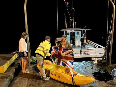 Back ashore — Jasmine finished her St Helena island swim: ~30 miles, 18.5 hours. Credit: Eric Marsh / MGR2025