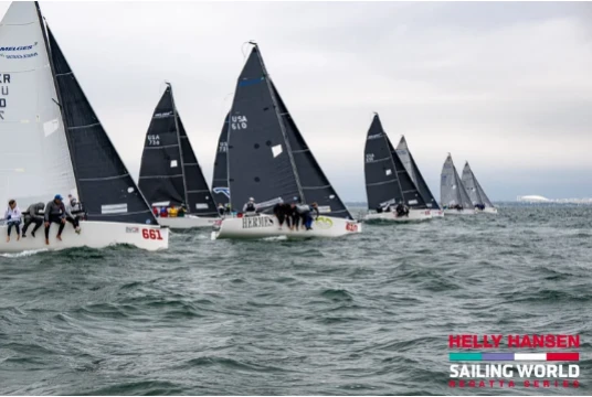 The Melges 24 fleet charges off the line on Tampa Bay during the Helly Hansen Sailing World Regatta Series in St. Petersburg. Photo: Walter Cooper / SWRS 2025