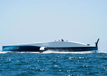 The French AC75, the La Roche-Posay Racing Team, unveils its new livery and sails again from Lorient