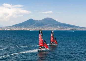 Emirates Team New Zealand take their first flight in the Bay of Naples